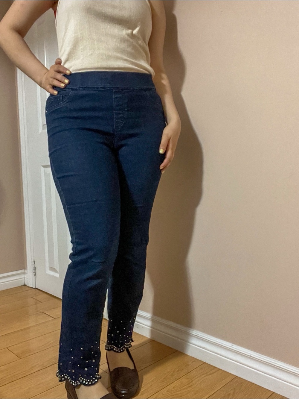 Laura Embellished Hem Dark Blue Slim Pants (petite)